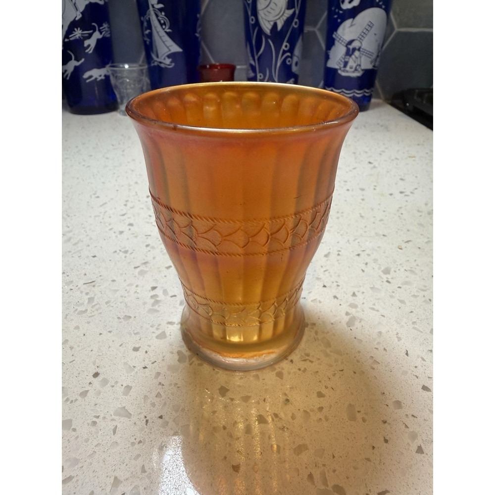 Fenton Scale Band Marigold Tumbler Mid Century Carnival Glass